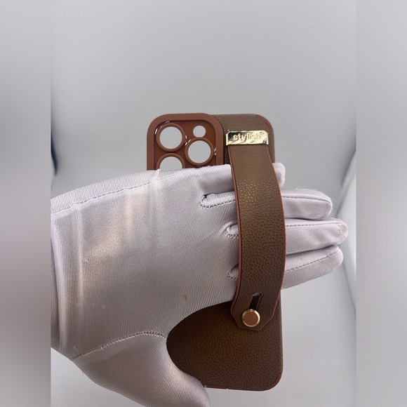 iPhone 16 Pro Max Case/Brown Textured Faux Leather with Gold Accents/Hand Strap - Picture 8 of 8